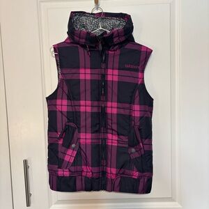 Billabong Women’s Black & Pink Plaid Hooded Puffer Vest